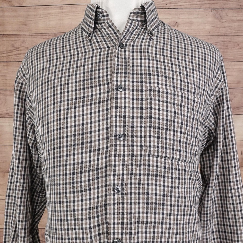 Van Heusen Shirt Mens Large Brown Black Plaid Button Down No Iron Easy Care